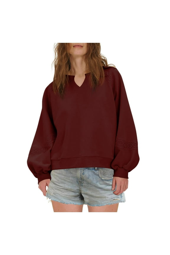 Women's 2025 Cute Sweatshirts Womens Lace Patchwork Long Sleeve Shirts Notch V Neck Pullover Fall Casual Tops Loose Comfy Fleece Sweatshirt Juniors Teen Girls Lightweight Preppy Hoodies Sweaters