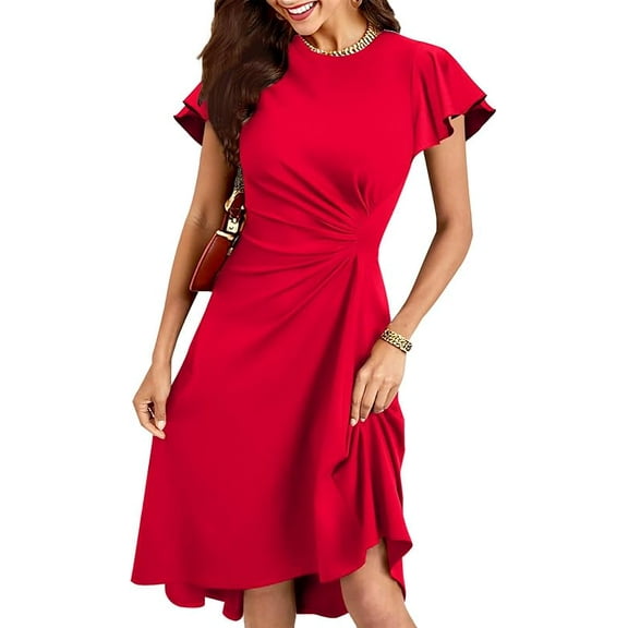 Women's 2025 Elegant Ruffle Sleeve Ruched Waist Flowy A Line High Low Midi Cocktail Party Dress