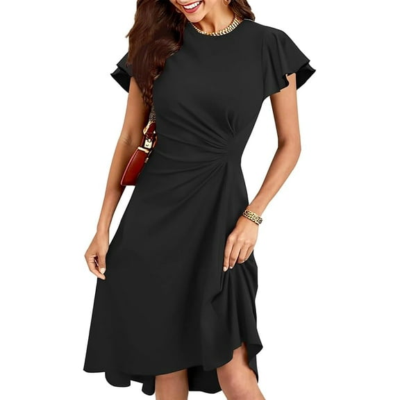 Women's 2025 Elegant Ruffle Sleeve Ruched Waist Flowy A Line High Low Midi Cocktail Party Dress