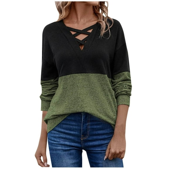 Women's 2025 Fall Clothes Casual Crisscross V-Neck Shirts Color Block Long Sleeve Top Blouse Loose Fit Fashion Piece Trendy Autumn Apparel Essential