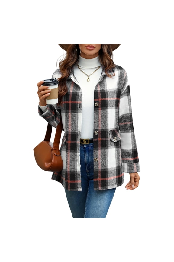 Women's 2025 Fall Clothes Plaid Shacket Jacket Long Sleeve Button Down Flannel Shirts Fashion JacketGray 3XL
