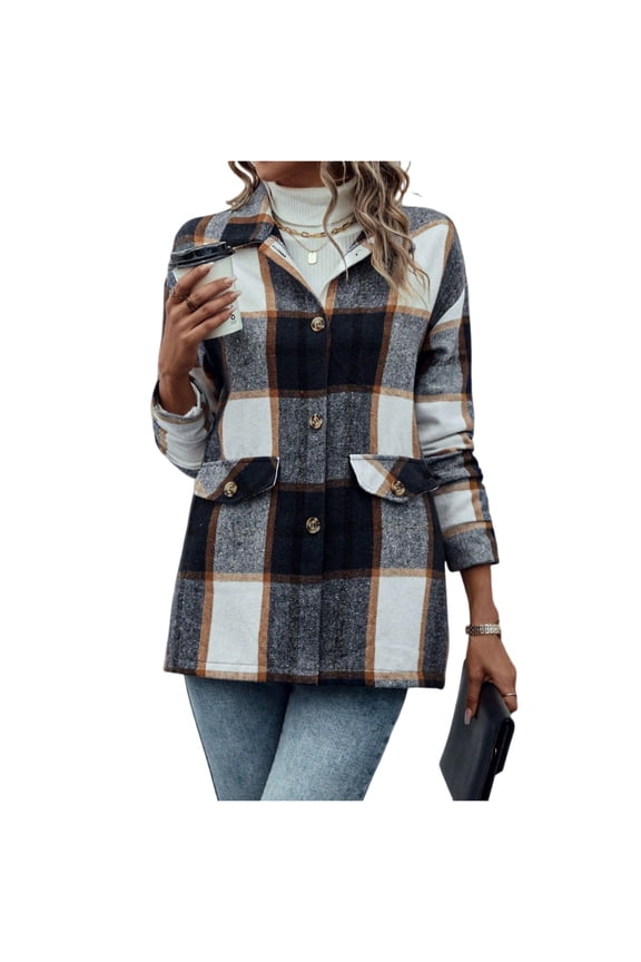 Women's 2025 Fall Clothes Plaid Shacket Jacket Long Sleeve Button Down Flannel Shirts Fashion JacketNavy M