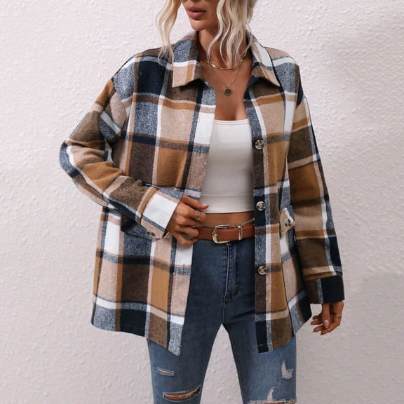 Women's 2025 Fall Clothes Plaid Shacket Jacket Long Sleeve Button Down Flannel Shirts Fashion Jacket