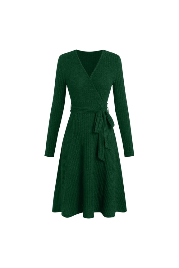 Women's 2025 Fall Sweater Dresses Teacher Church Business Casual Work Outfits Wrap Ribbed Knit Midi Dress with Belt