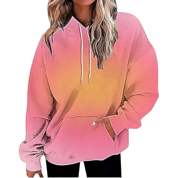 Women's 2025 Fall Trendy Gradient Color Drawstring Hoodies, Soft Breathable Oversized Y2K Pullover Sweatshirts with Casual Loose Fit for Layering, Cooler Weather and Daily Casual Wear Hot Pink M