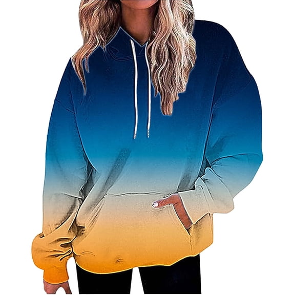 Women's 2025 Fall Trendy Gradient Color Drawstring Hoodies, Soft Breathable Oversized Y2K Pullover Sweatshirts with Casual Loose Fit for Layering, Cooler Weather and Daily Casual Wear Blue XXL