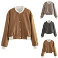 thumbnail image 1 of Women's 2025 Fall Varsity Bomber Jackets Causal Baseball Collar Long Sleeve Button Up Coats Outerwear with Pocket, 1 of 6