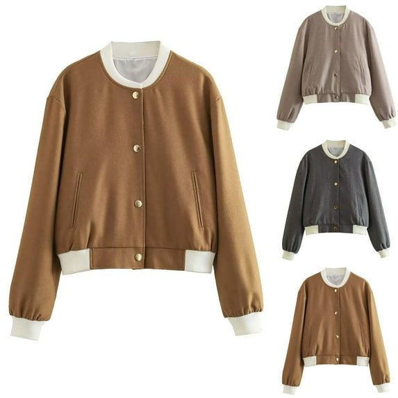 Women's 2025 Fall Varsity Bomber Jackets Causal Baseball Collar Long Sleeve Button Up Coats Outerwear with Pocket