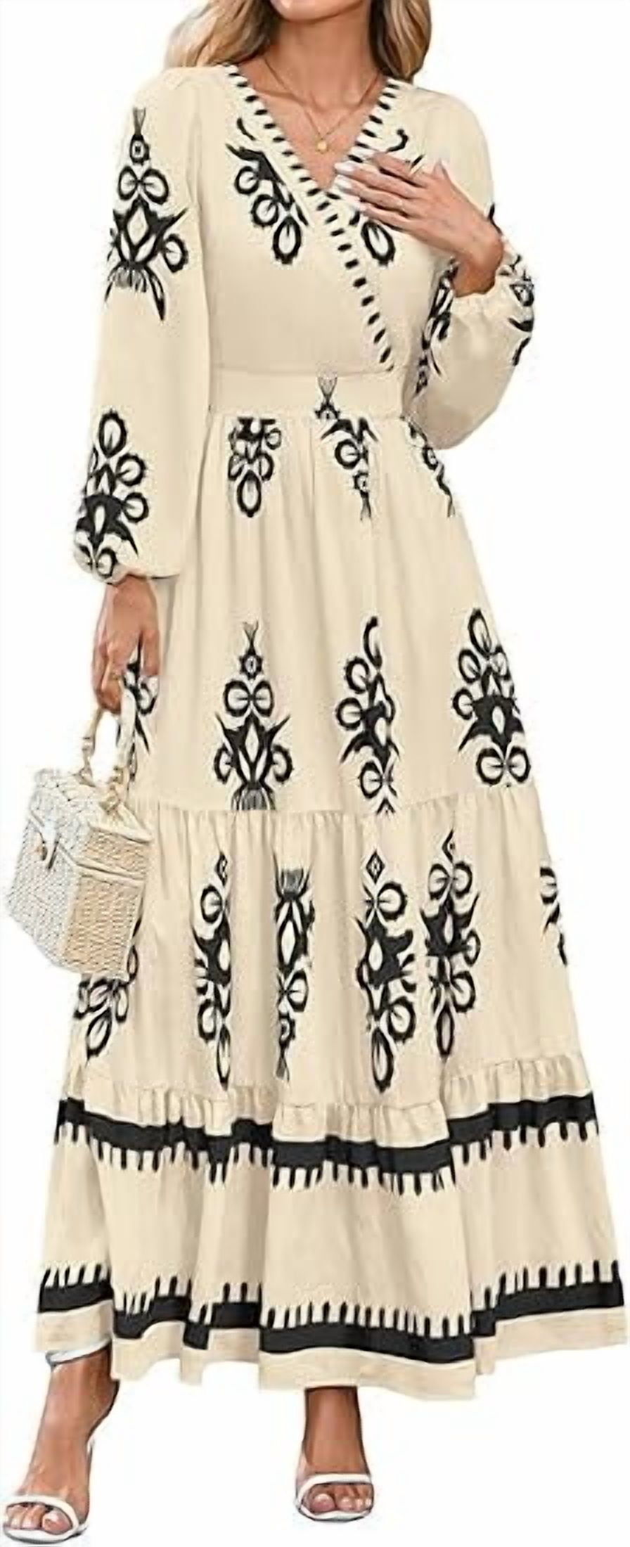 Women's Wedding Guest Dress - 3/4 Lantern Sleeve V-Neck Flowy Smocked Midi Dress - Knee Length & Casual For Parties