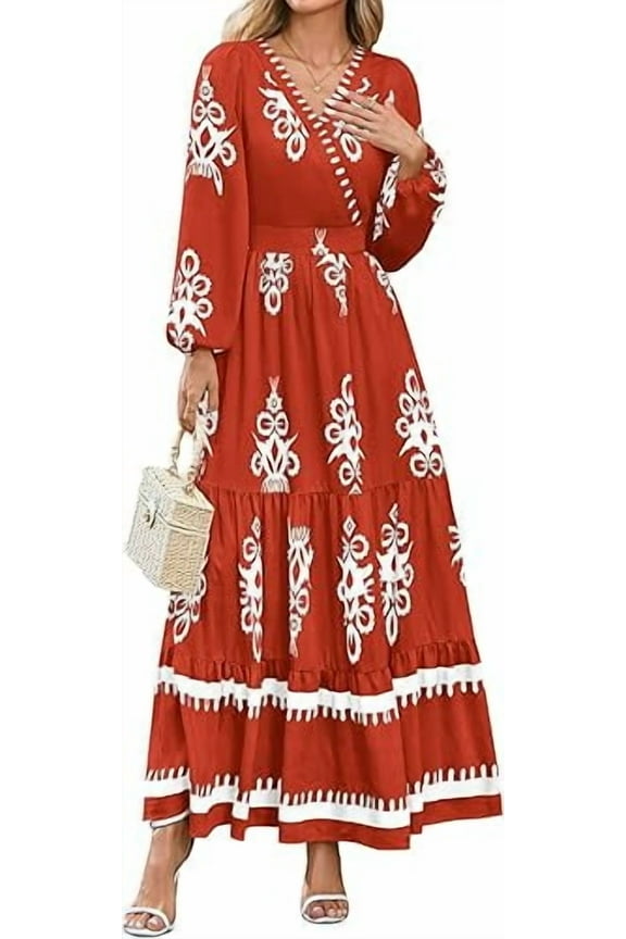 Women's 2025 Fall Wedding Guest Dresses Boho Floral Long Sleeve V Neck Flowy Elegant Maxi Dress Beach Clothes,Red