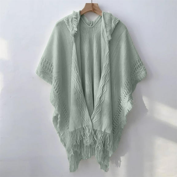 Women's 2025 Fall Winter Knitted Hooded Cape Poncho, Bohemian Style Fringed Crochet Warm Shawl, Soft Hooded Cloak for Cold Weather, One Size Fits Most Outerwear for Holiday Season Green