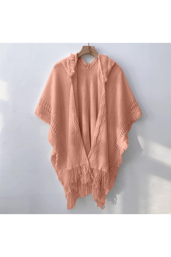 Women's 2025 Fall Winter Knitted Hooded Cape Poncho, Bohemian Style Fringed Crochet Warm Shawl, Soft Hooded Cloak for Cold Weather, One Size Fits Most Outerwear for Holiday Season Pink