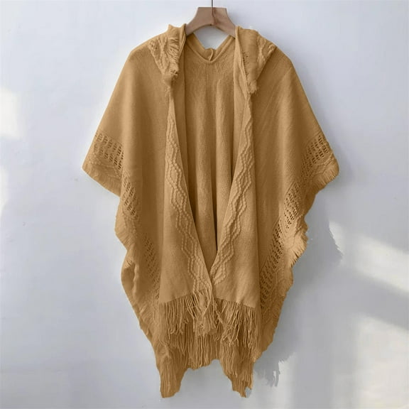 Women's 2025 Fall Winter Knitted Hooded Cape Poncho, Bohemian Style Fringed Crochet Warm Shawl, Soft Hooded Cloak for Cold Weather, One Size Fits Most Outerwear for Holiday Season Khaki
