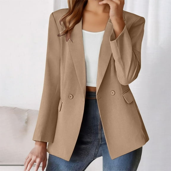 Women's 2025 Fall Winter Office Blazer, Notch Lapel Slim Fit Open Front Jacket, Business Casual Work Suit for Women, Tailored Career Blazer with Pockets, Professional Long Sleeve Coat Khaki XL