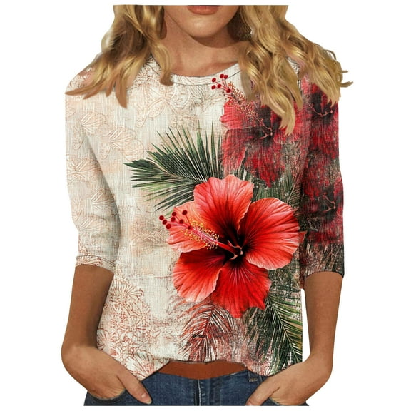 Women's 2025 Fashion Tops 3/4 Sleeve T-Shirts Cute Crewneck Floral Print Tunic Loose Casual Blouses