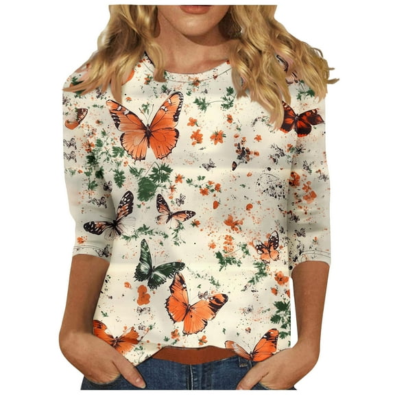 Women's 2025 Fashion Tops 3/4 Sleeve T-Shirts Cute Crewneck Floral Print Tunic Loose Casual Blouses