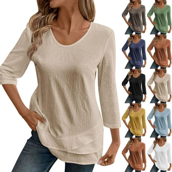 Women's 2025 Fashion Tops Solid Color Casual Round Neck Three Quarter Sleeve 3/4 Sleeve T-Shirt Loose Basic Business Tees Blouses Khaki S-2XL