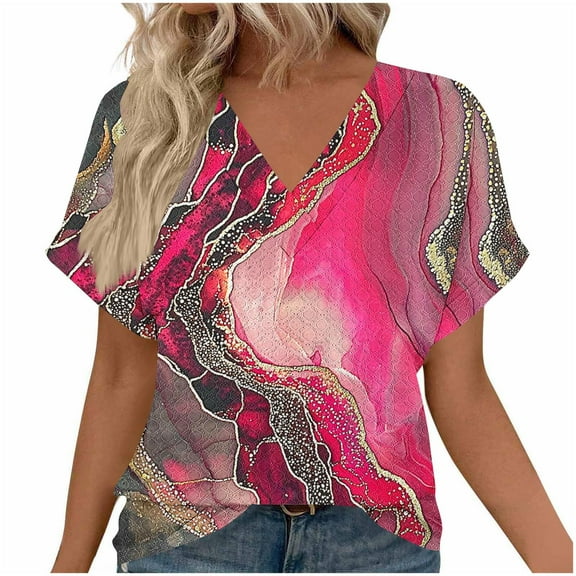 Women's 2025 Fashion Tops V-Neck Short Length Sleeve Casual Loose Blouses Summer Tees Shirts