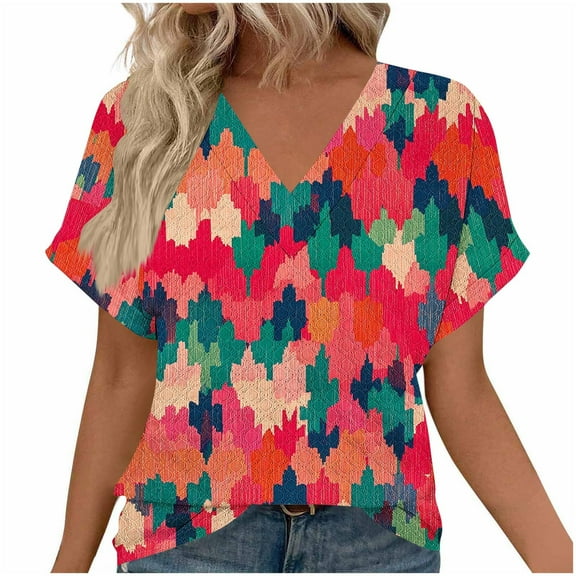 Women's 2025 Fashion Tops V-Neck Short Length Sleeve Casual Loose Blouses Summer Tees Shirts