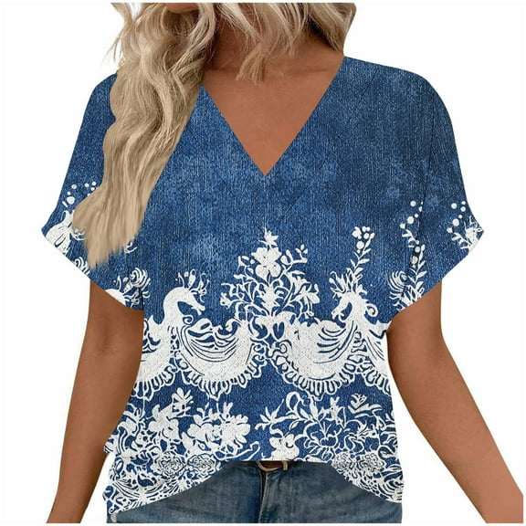 Women's 2025 Fashion Tops V-Neck Short Length Sleeve Casual Loose Blouses Summer Tees Shirts