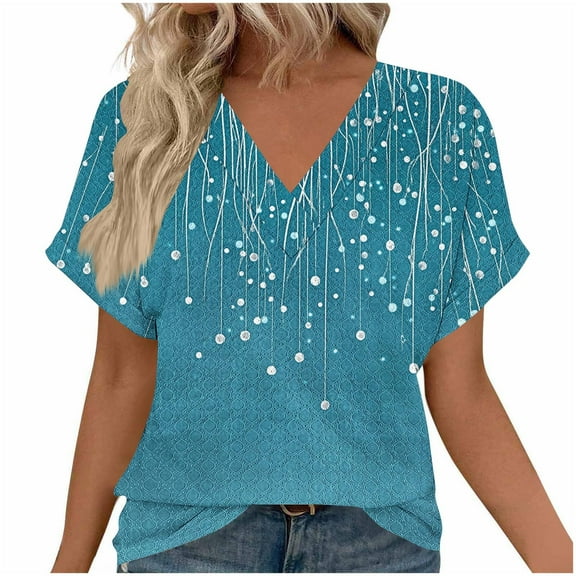 Women's 2025 Fashion Tops V-Neck Short Length Sleeve Casual Loose Blouses Summer Tees Shirts