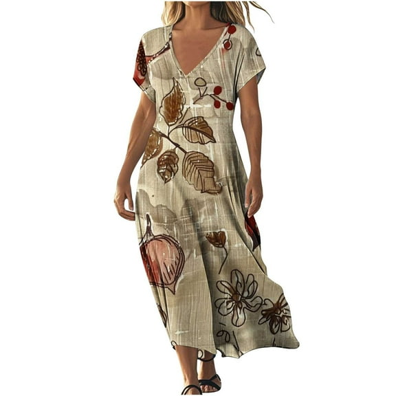 Women's 2025 Flowy Boho Maxi Dress - Short Sleeve V-Neck Floral Print, Comfort Lightweight Summer Dress for Beach & Vacation