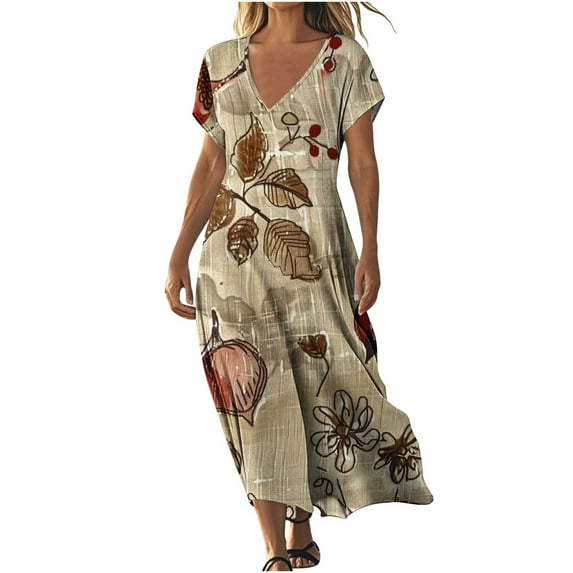 Women's 2025 Flowy Boho Maxi Dress - Short Sleeve V-Neck Floral Print, Comfort Lightweight Summer Dress for Beach & Vacation