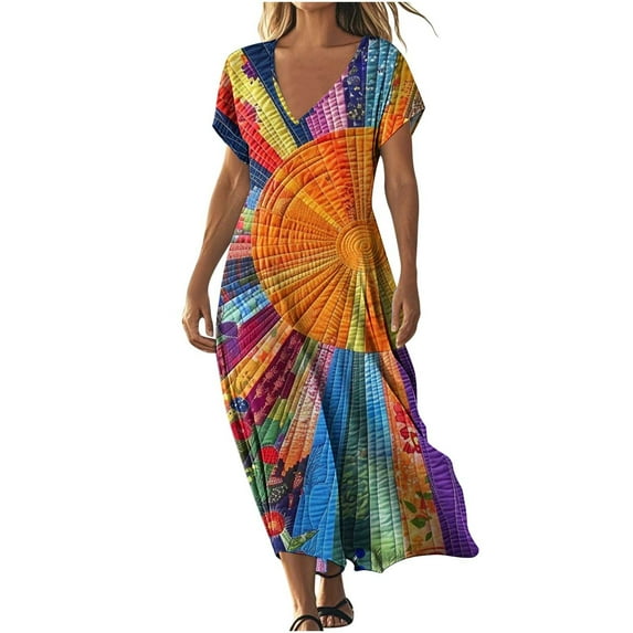 Women's 2025 Flowy Boho Maxi Dress - Short Sleeve V-Neck Floral Print, Comfort Lightweight Summer Dress for Beach & Vacation