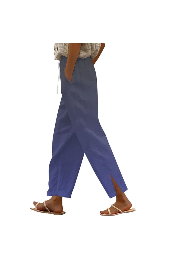 Women's 2025 High-Waist Linen Harem Pants - Elastic Drawstring Waist, Lightweight Side-Split Lounge Trousers for Casual Summer Beach (Gradient)