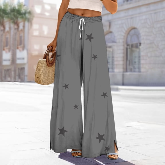 Women's 2025 High Waisted Wide Leg Casual Pants with Elastic Waistband and Side Pockets, Breathable Soft Stretch Vacation Beach Pants for Travel, Lounge, Daily Wear Grey L