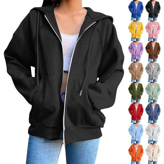 Women's 2025 Hoodies Casual Blouse Long Sleeve Pockets Hoodied Sweatshirts Fall Spring Jackets with Pockets Black 3XL