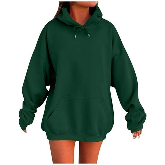 Women's 2025 Hoodies Casual Solid Color Round Neck Long Sleeved Top Loose Sweatshirts Fall Spring Jackets with Pockets Green S-2XL