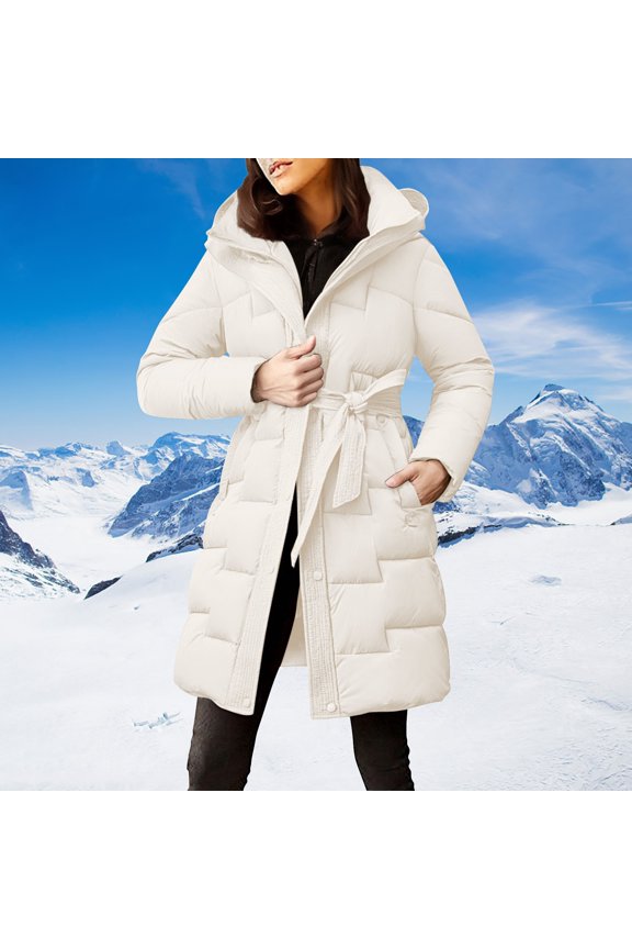 Women's 2025 Knee-Length Down Alternative Coat, Waist-Defining Thickened Long Puffer Jacket with Hood, Warm Quilted Cotton Filled Parka for Winter, Mid-Length Insulated Outerwear for Women White L