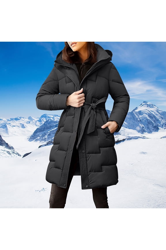 Women's 2025 Knee-Length Down Alternative Coat, Waist-Defining Thickened Long Puffer Jacket with Hood, Warm Quilted Cotton Filled Parka for Winter, Mid-Length Insulated Outerwear for Women Black XXXL