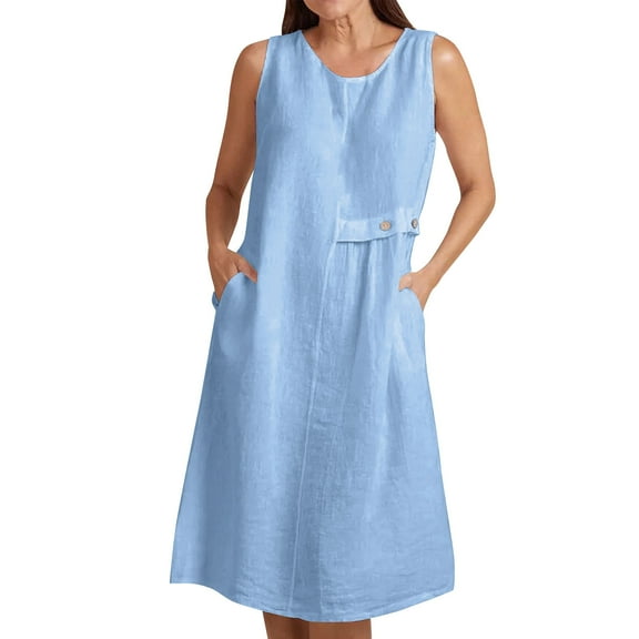 Women's 2025 Linen Beach Sundress - V-Neck Sleeveless Midi with Side Pockets, Casual Button-Down Vacation Dress for Summer