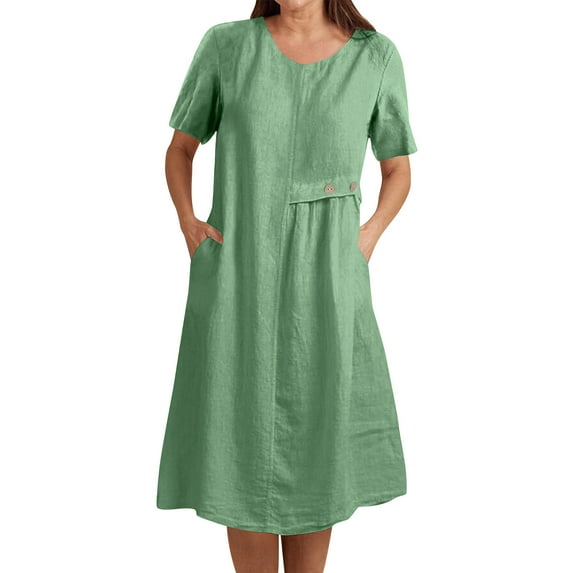 Women's 2025 Linen Beach Sundress - V-Neck Sleeveless Midi with Side Pockets, Casual Button-Down Vacation Dress for Summer