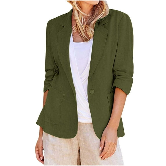 Women's 2025 Linen Luxe Blazer – 3/4 Ruched Sleeve Single-Button Work Jacket | Wrinkle-Resistant Office-to-Summer Essential (S-5X)