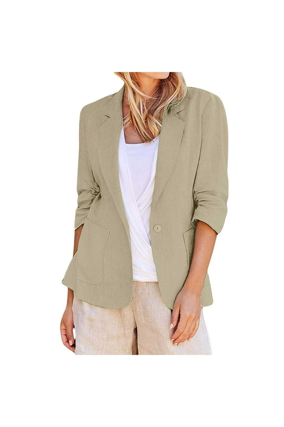 Women's 2025 Linen Luxe Blazer – 3/4 Ruched Sleeve Single-Button Work Jacket | Wrinkle-Resistant Office-to-Summer Essential (S-5X)