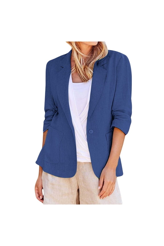 Women's 2025 Linen Luxe Blazer – 3/4 Ruched Sleeve Single-Button Work Jacket | Wrinkle-Resistant Office-to-Summer Essential (S-5X)