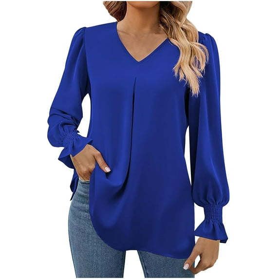 Women's 2025 Long Sleeve Tops Dressy Casual V Neck Tunic Shirts Loose Chiffon Work Blouse