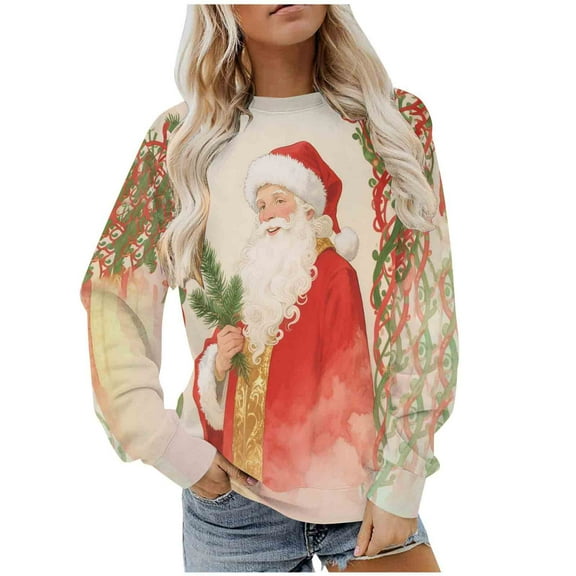 Women's 2025 Merry Christmas Sweatshirts Fleece Crewneck Sweaters Fashion Christmas Printed Long Sleeve Blouses Casual Loose Shirts Xmas Holiday Pullover Tops