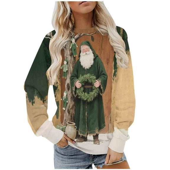 Women's 2025 Merry Christmas Sweatshirts Fleece Crewneck Sweaters Fashion Christmas Printed Long Sleeve Blouses Casual Loose Shirts Xmas Holiday Pullover Tops