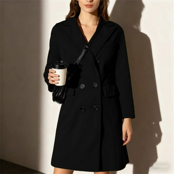 Women's 2025 Mid-Length Wool Blend Coat, Classic Trench Style Fall and Winter Overcoat, Knee-Length Warm Double-Breasted Jacket,Soft Lined Elegant Outerwear for Women,Timeless Casual Long Coat Black