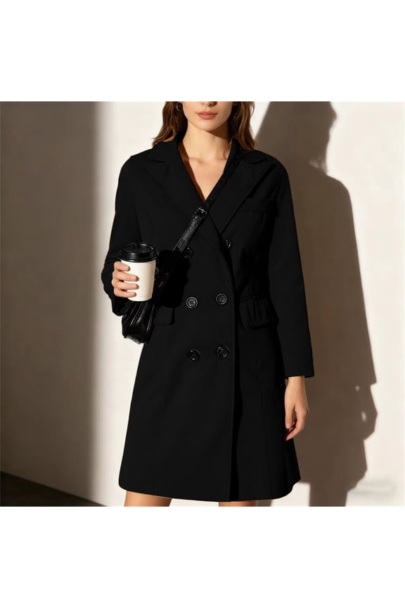 Women's 2025 Mid-Length Wool Blend Coat, Classic Trench Style Fall and Winter Overcoat, Knee-Length Warm Double-Breasted Jacket,Soft Lined Elegant Outerwear for Women,Timeless Casual Long Coat Black