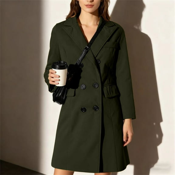 Women's 2025 Mid-Length Wool Blend Coat, Classic Trench Style Fall and Winter Overcoat, Knee-Length Warm Double-Breasted Jacket,Soft Lined Elegant Outerwear for Women,Timeless Casual Long Coat Green