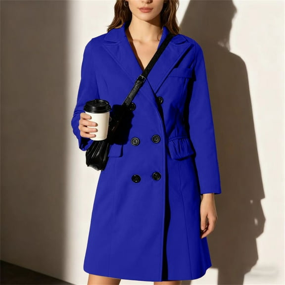 Women's 2025 Mid-Length Wool Blend Coat, Classic Trench Style Fall and Winter Overcoat, Knee-Length Warm Double-Breasted Jacket,Soft Lined Elegant Outerwear for Women,Timeless Casual Long Coat Blue