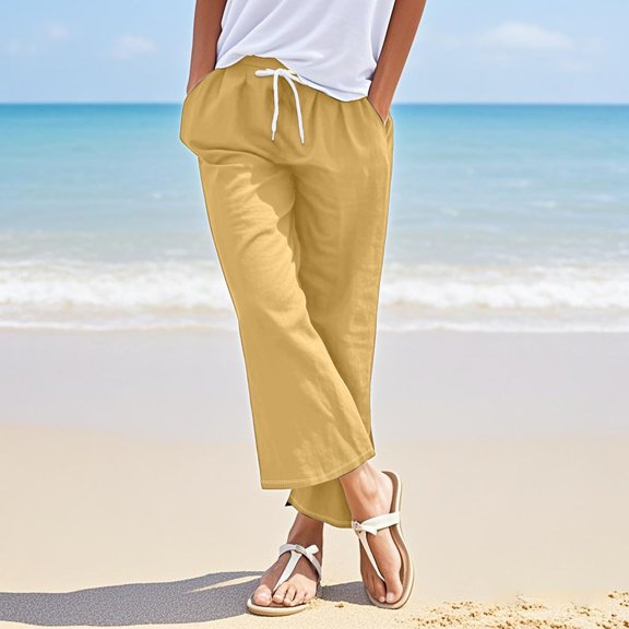 Women's 2025 New Casual Pants Cotton Linen Blend Drawstring & Elastic Waist Loose Fit with Side Pockets Tapered Leg Lightweight Comfort Yellow S-3XL