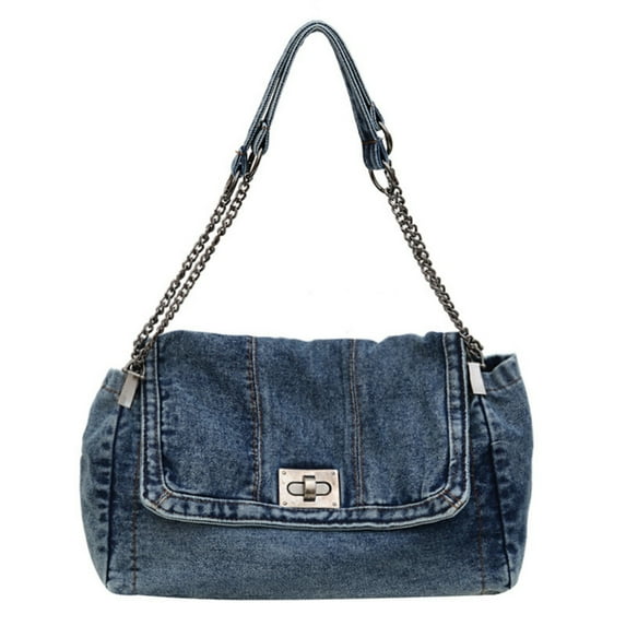 Women's 2025 New Denim Single Shoulder Crossbody Bag with Studs & Chain Strap, Vintage Washed Cowgirl Purse