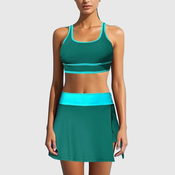 Women's 2025 New Solid Color Fashion Beach Sports Skirt Split Swimsuit Set Bathing Suit Women Sports Dot Bikini Teal Stripe And Leaves Print Bikini Bathing Suit Set with Shorts Romper Swimsuit Bathing
