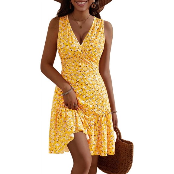 Women's 2025 New Summer Sleeveless Sexy Wrap V Neck Floral Sundress Mini Dress